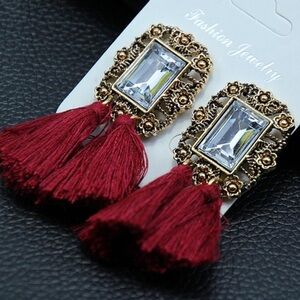 Red Wine Tassel Gem Drop Dangling Fashion Earrings